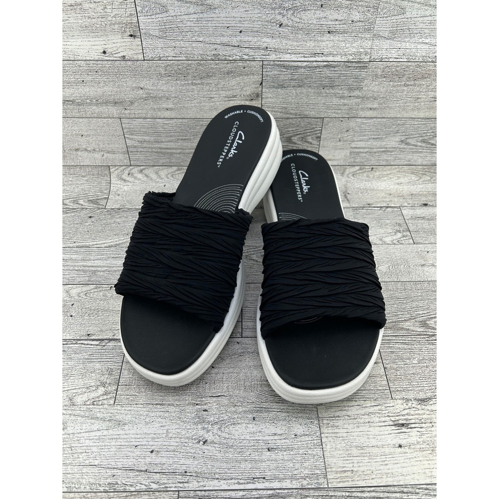 Clarks Cloudsteppers Black Ruched‎ Slide Platform Sandals Womens Size 8